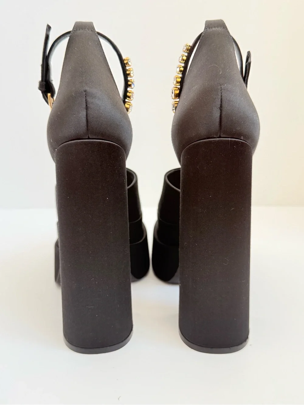 NEW Versace Medusa Crystal Open Toe Platform Sandals Black Satin Block Heels 38